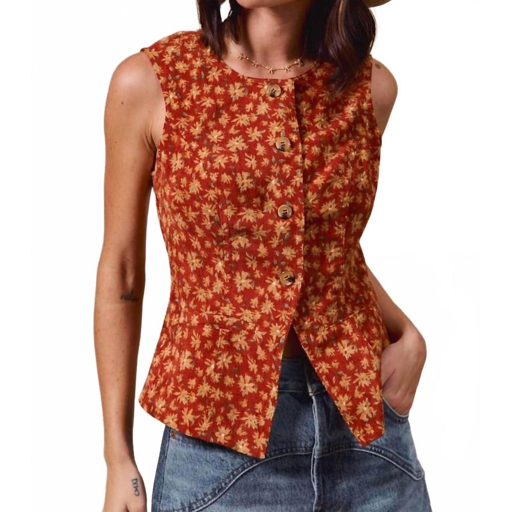 NEW SO ME floral button down vest in brown